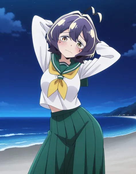EBBaiser, medium breasts, purple hair, ahoge, bangs, short hair, yellow eyes,
white shirt, green sailor collar, green pleated long skirt, long sleeves, yellow neckerchief, school uniform, serafuku, anime screencap, shiny skin, solo, night sky, beach, hand...