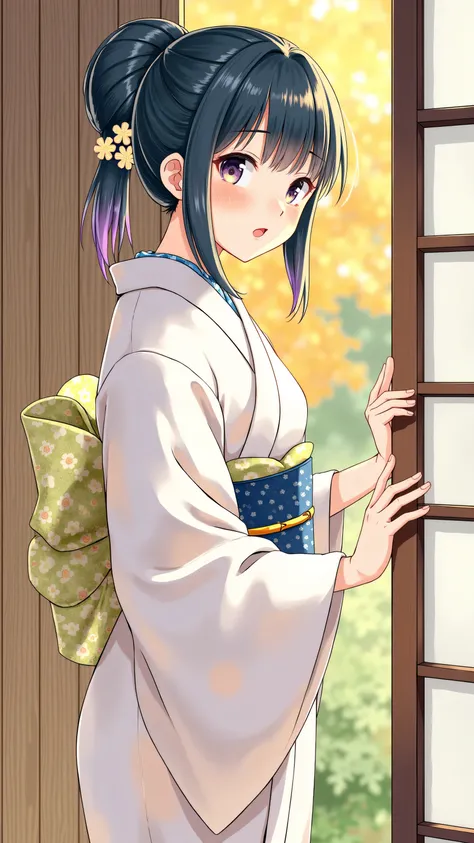  highdefinition images、Katsushika Hokusai manga(pretty eyes、Look at every detail、multi-colored hair below the arm)、 kimono that looks like a yukata 、Woman looking out of a window、葛飾北斎スタイルで火のように見える highdefinition images、Kimono beauty、顔のdetails、highest quali...