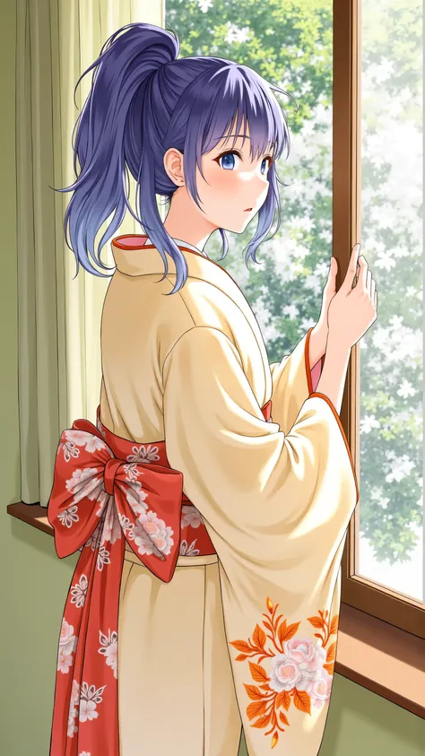  highdefinition images、Katsushika Hokusai manga(pretty eyes、Look at every detail、multi-colored hair below the arm)、 kimono that looks like a yukata 、Woman looking out of a window、葛飾北斎スタイルで火のように見える highdefinition images、Kimono beauty、顔のdetails、highest quali...