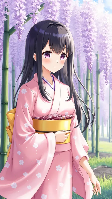 masterpiece, ( pink kimono),  enchanting face , Details of a good face , valley, Fine details, masterpiece, Shining Eyes,  1 girl in the best,   black hair, gag, bamboo,  Nezuko Kamado, Wisteria Background, masterpiece,  best quality, throw, whole body, Be...