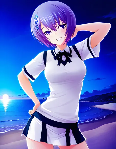 shiina miyako, purple hair, short hair, purple eyes, hair ornament, medium breast, short sleeves, white sweater vest, white shirt, white skirt, neck ribbon, black ribbon, game screencap, high quality, solo, night sky, beach, hand behind head, hand on hip, ...