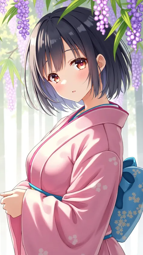 masterpiece, ( pink kimono),  enchanting face , Details of a good face , valley, Fine details, masterpiece, Shining Eyes,  1 girl in the best,   black hair, gag, bamboo,  Nezuko Kamado, Wisteria Background, masterpiece,  best quality, throw, whole body, Be...