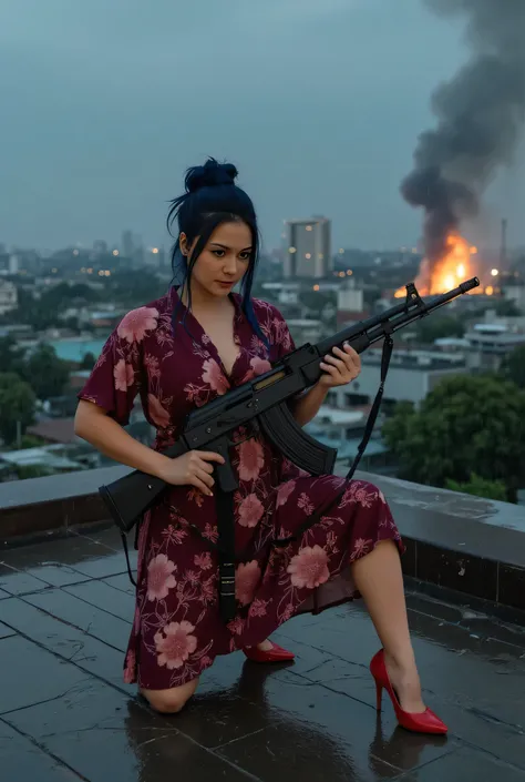 A hyper-realistic female ninja crouches on a Jakarta rooftop under a stormy night sky, drenched in heavy rain. She wears a soaked Indonesian house dress — a daster — clinging to her body, floral or plain in pattern. Red high heels add a bold contrast. One ...