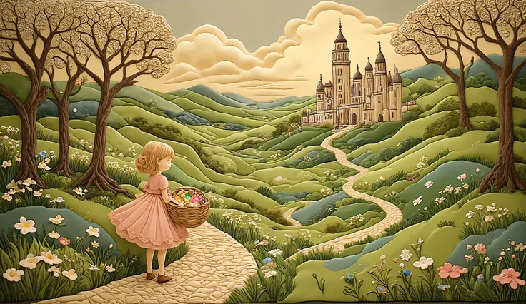 whimsical fantasy illustration of a determined figure collecting magical glowing stones along a winding cobblestone path, enchanted countryside setting, girl with a pink dress carrying woven basket filled with colorful gemstones, majestic fairy tale castle...