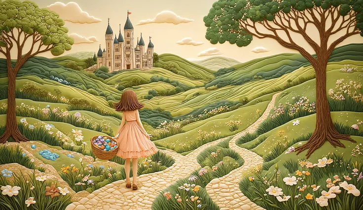 whimsical fantasy illustration of a determined figure collecting magical glowing stones along a winding cobblestone path, enchanted countryside setting, girl with a pink dress carrying woven basket filled with colorful gemstones, majestic fairy tale castle...