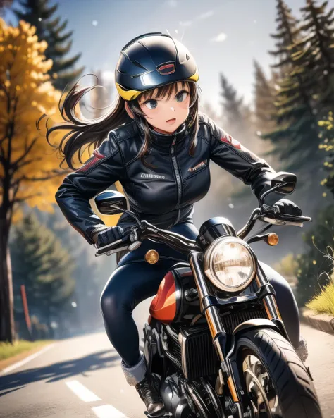 ((( Masterpiece:1.3, Best Quality, hight resolution, nffsw, Perfect Pixel,  4K, nffsw, nffsw))), 1girl in, Off-road motorcycle driving on spring country roads、18-year-old girl、jet helmet、((December scenery, white Christmas, softly falling snow, she drives ...