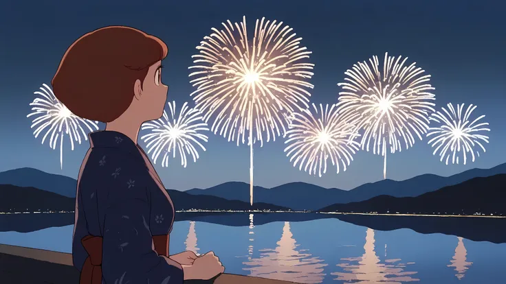masterpiece, best quality,in the style of cksc,sakura_mami,burgundy hair,bouncing short hair,No back hair,1girl,solo,Along the river at night、fireworks display、yukata、 look up at fireworks、detailed anime style showing fireworks on the surface of the water、...