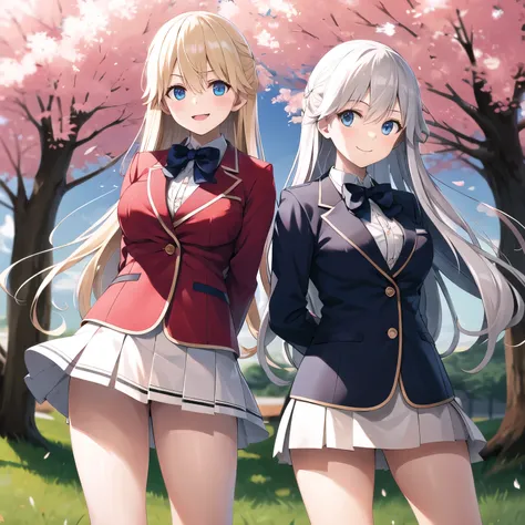 Masterpiece, armor, High resolution, 1girl, Alone, long hair, blond hair, for 2 girls, bangs, blue eyes, blue bowtie, shirt with collar, blazer, red jacket, long sleeves, pleated skirt, white skirt,  smile, gap-mouthed orgy, standing, cowboy suit, leaning ...