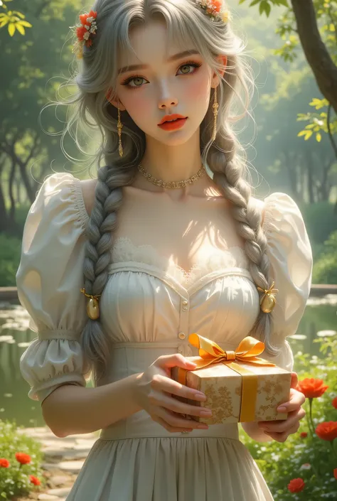 ((Girl with gift box))、(masterpiece、top quality、steampunk art、sunlight、(Look around)、((girl walking in an antique lakeside park)) detail、Thigh Composition 、Magic rim 、gray hair、red lips、supermarket detail、very detailed、(High Contrast: 1. 11)、wind、Amazing、b...