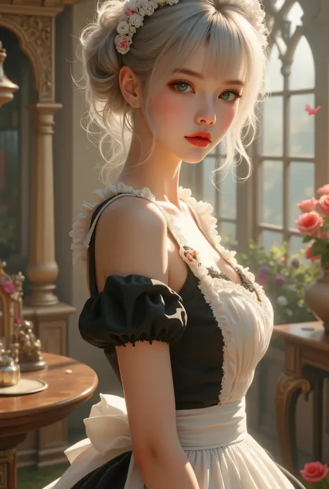 ((Girl at a maid cafe in an old European castle)), (masterpiece, Highest Quality, steampunk art, Sunlight, ( looking around ), ((Girl Walking in Maid Clothes))More information, Thigh composition, Magic rim , 灰色の髪, red lips, ((Female capacity of maid cafe))...