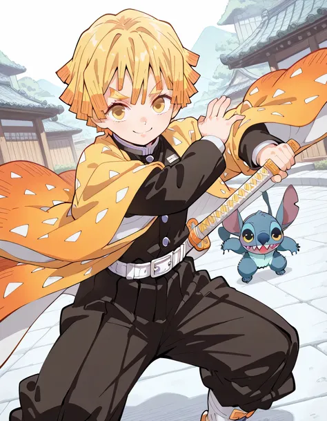 (((enjoy with Stitch(disney)))),(dynamic angle,dynamic fighting stance pose),zenitsu_agatsuma,(looking at viewer), closed up face,blonde hair, short hair, bangsdemon slayer uniform,japanese sword,yellow eyes,big smile,cheek,soft lineart,traditional japanes...