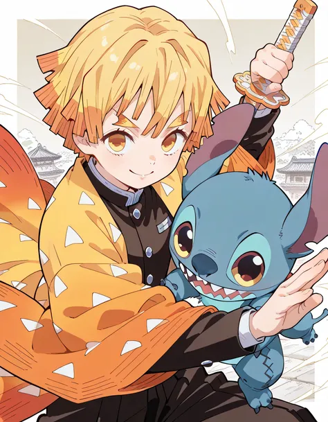 (((enjoy with Stitch(disney)))),(dynamic angle,dynamic fighting stance pose),zenitsu_agatsuma,(looking at viewer), closed up face,blonde hair, short hair, bangs,demon slayer uniform,japanese sword,yellow eyes,big smile,cheek,soft lineart,traditional japane...