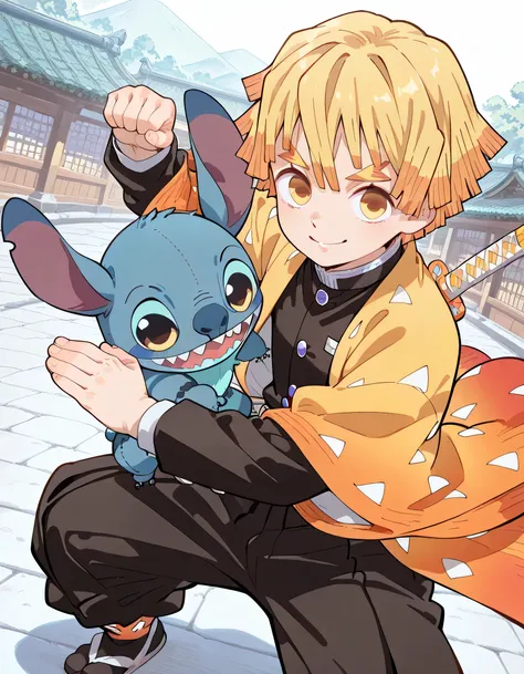 (((enjoy with Stitch(disney)))),(dynamic angle,dynamic fighting stance pose),male's face,zenitsu_agatsuma,(looking at viewer), closed up face,blonde hair, short hair, bangs,demon slayer uniform,japanese sword,yellow eyes,big smile,cheek,soft lineart,tradit...