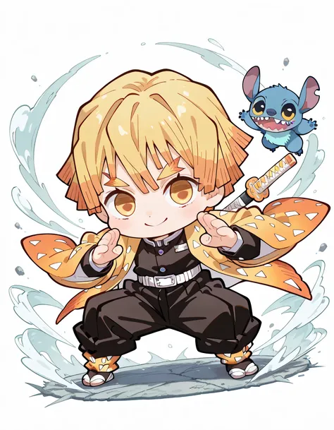 (chibi),(with Stitch(disney)),(dynamic angle,dynamic fighting stance pose),male's face,zenitsu_agatsuma,(looking at viewer), closed up face,blonde hair, short hair, bangs,demon slayer uniform,japanese sword,yellow eyes,big smile,cheek,soft lineart,white ba...