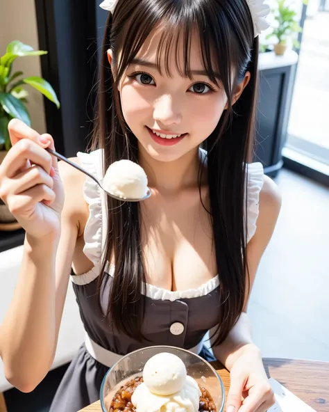 young woman, she is wearing a maid outfit, Smile Yan、suggests a cozy fall atmosphere. Her hands are extended, Holding a spoon with ice cream on it、Swinging to feed you, conveys a sense of sharing and intimacy. The background reflects a soft-focus room, sty...