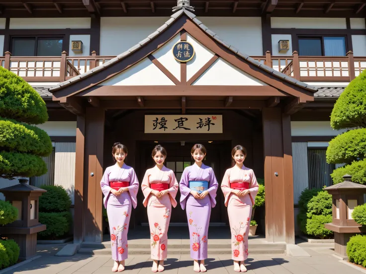Live action footage of beautiful Japanese employees in kimonos lining up in front of the front entrance of a long-established hot spring inn, shot from the front