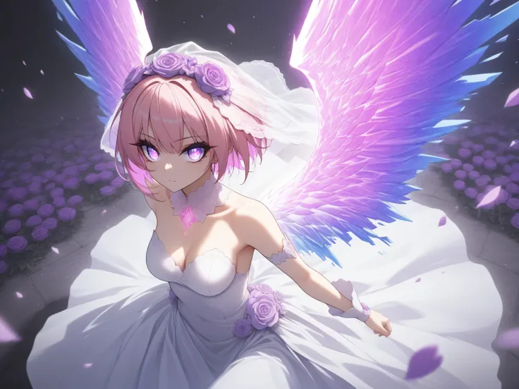 
1 girl, violet eyes, light pink hair, short hair, cool, beautiful, medium breast, very cute, lovely, kawaii
break,
(Flower Bride),
(Wings that pulsate with neon lights:1),
light dress that delicately radiates a faint glow,
break,
diffuse reflection,maxima...