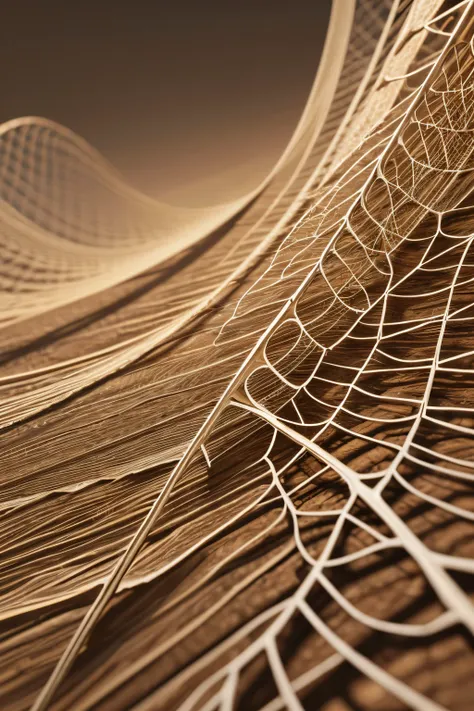 A high-resolution 3D abstract composition inspired by the intricate vein patterns of a dried leaf, featuring delicate, web-like organic lines forming a natural mesh structure. The veins are arranged in flowing, asymmetrical patterns with soft curves and su...