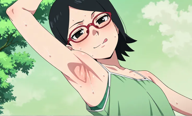 masterpiece, best quality, amazing quality, anime screencap, anime coloring, 1girl, solo, sarada, black eyes, black hair, short hair, glasses, green tank top, spaghetti straps, (sweaty:0.6), flat chest, bare shoulders, bare arms, arm up, raised arm, armpit...