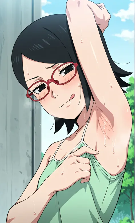 masterpiece, best quality, amazing quality, anime screencap, anime coloring, 1girl, solo, sarada, black eyes, black hair, short hair, glasses, green tank top, spaghetti straps, (sweaty:0.6), flat chest, bare shoulders, bare arms, arm up, raised arm, armpit...