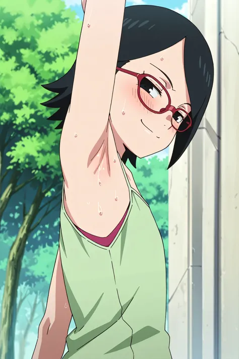 masterpiece, best quality, amazing quality, anime screencap, anime coloring, 1girl, solo, sarada, black eyes, black hair, short hair, glasses, green tank top, spaghetti straps, (sweaty:0.6), flat chest, bare shoulders, bare arms, arm up, raised arm, armpit...