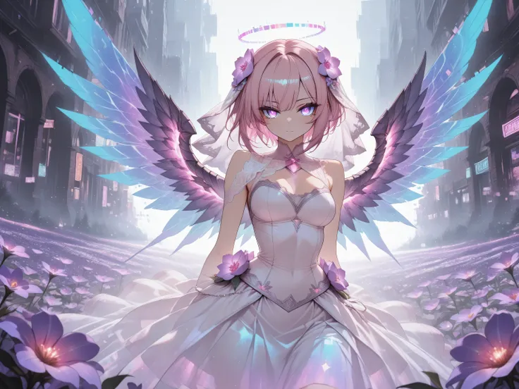 
1 girl, violet eyes, light pink hair, short hair, cool, beautiful, medium breast, very cute, lovely, kawaii
break,
(Flower Bride),
(Wings that pulsate with neon lights:1),
light dress that delicately radiates a faint glow,
break,
diffuse reflection,maxima...