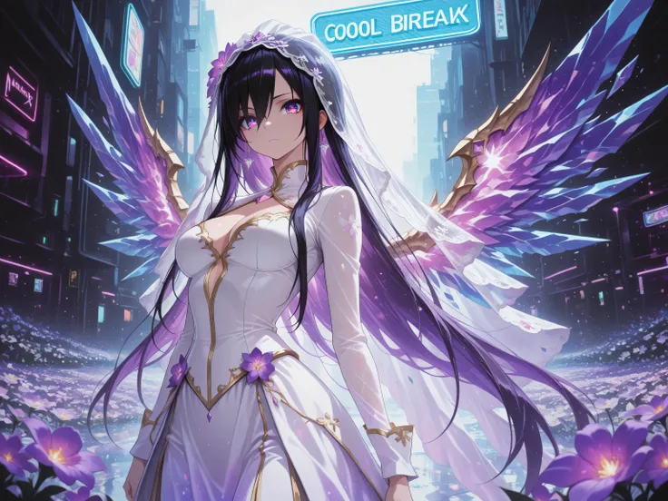 1 woman, sharp purple eyes , multicolored eyes , hair between eyes , long side bangs , black hair with fine purple strands , very long hair , medium breasts , cool, beautiful
break,
(Flower Bride),
(Wings that pulsate with neon lights:1),
light dress that ...