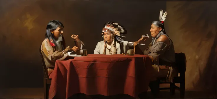 three Native Americans, three Indians at a table, Indians, Dark background, realism, realistic