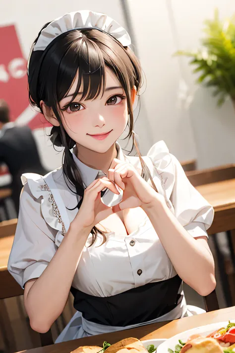 solo, upper body of cheerful maid in a pink frilly outfit with delicate lace, headband, joyful sparkling bright smile to viewer, subtle shy:1.2, love struck:1.3, both hands forming a heart shape over single Omelette on the table:1.3, maid café, low angle:1...