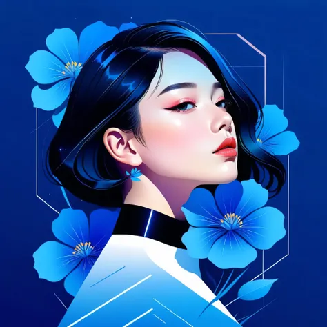 (((vector,flat form style,illustration,数字艺术illustration))),1 girl,Unique,pretty face,portrait,Shoulder,Black high neck,Geometric gradients,gradient lines,artistic conception,Abstract,Minimalism,minimalist lines,portrait,blue flower, wer, with background na...