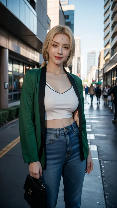 A hyper-realistic portrait of a beautiful woman resembling Tsunade from Naruto Shippuden, smiling confidently. She has long blonde hair tied in two low ponytails, clear honey-brown eyes, and a youthful yet mature face with smooth, flawless skin. She is dre...