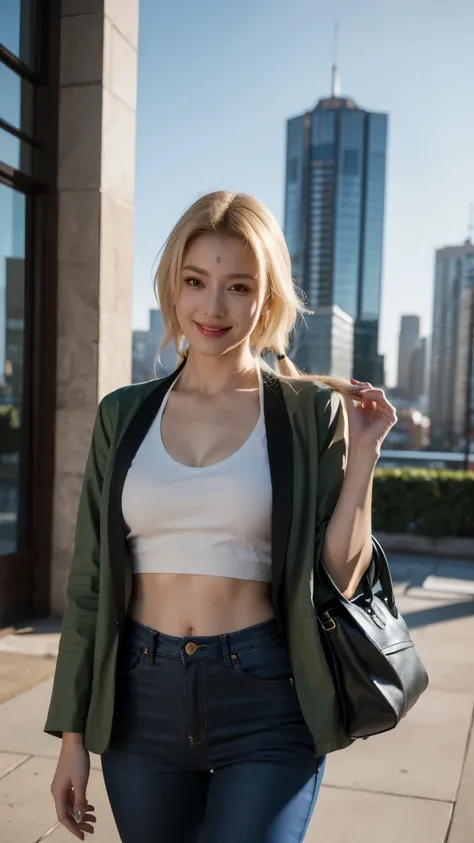 A hyper-realistic portrait of a beautiful woman resembling Tsunade from Naruto Shippuden, smiling confidently. She has long blonde hair tied in two low ponytails, clear honey-brown eyes, and a youthful yet mature face with smooth, flawless skin. She is dre...