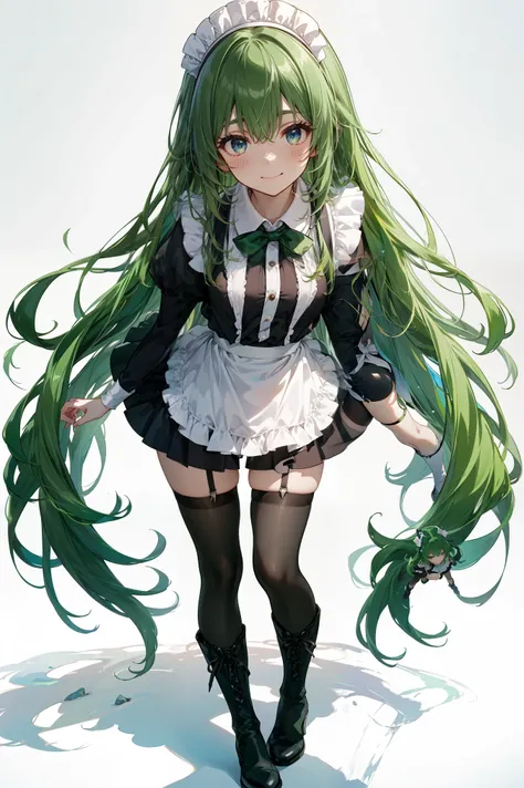 Perfect proportions, beautiful body, slim body beauty     :1.1)、is standing、angle from above、upper eyelid,Smile Yan、long straight green hair 、Maid Outfit、 dreaming rock girl  、Long Green Hair, (Green Straight Long Hair) ,blue eyes、green long hair、 thigh hi...