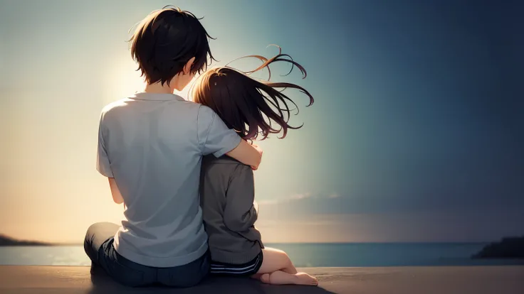 back view of a boy in his late s、white shirt、Gray Cardigan、short black hair、Anime painting、  
back view of a boy in his late s、The composition is slightly fluttering、Sitting snuggly on your shoulders、  
The girl sitting close to her shoulder has long hair ...