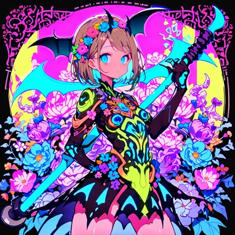 1girl, Pretty Face、Baby-Like Face、((( best composition、Highest Quality、masterpiece、Super Detailed、high definition、perfect anatomy)))、Neon Color Palette、Cyan、black light、neon colored border、I have a neon-colored scythe、The scythe is decorated with flowers、D...
