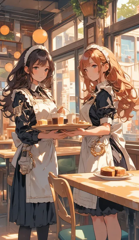 High resolution, high quality, two young maid girls, both wearing French maid style maid outfits, cute girls, slim bodies, one has dark brown hair and the other has reddish brown hair, one is holding a tray with coffee cups, the other is holding a tray wit...