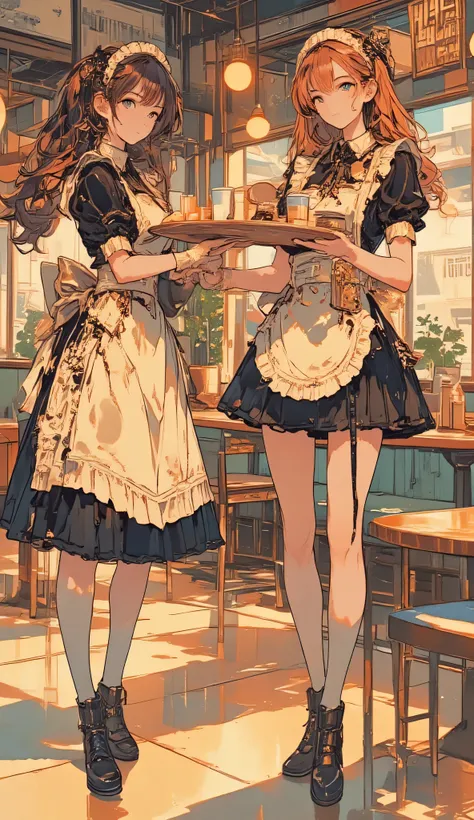 High resolution, high quality, two young maid girls, both wearing French maid style maid outfits, cute girls, slim bodies, one has dark brown hair and the other has reddish brown hair, one is holding a tray with coffee cups, the other is holding a tray wit...