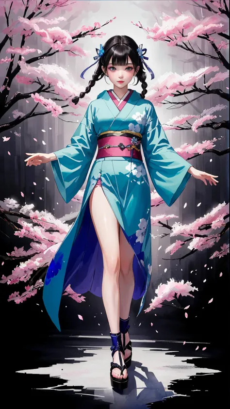 (((ink painting))), (((Kyoto))), (((1 girl))), (((Full Body))), (((very flashy hair accessories))), ((( Very heavy makeup )))), Japan  ese pattern hoodie, Wears a Hood, put your hands in pockets, 花魁風Japan人の美女,   beautiful expression 、Delicate and accurate ...