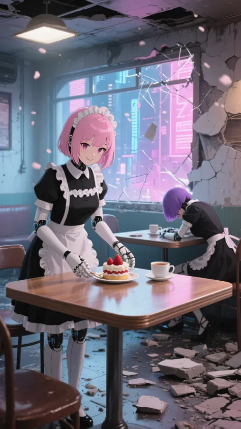a humanoid android maid with a soft anime-style face, pink bob-cut hair, expressive eyes, wearing a black and white classic maid outfit, smiling gently while serving strawberry shortcake and tea on a perfectly clean, polished wooden table with no dust or d...