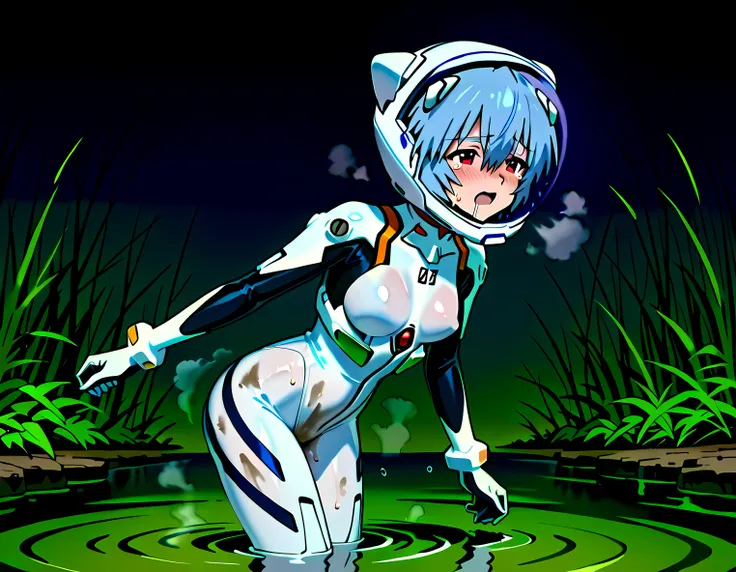 solo, evangelion art style, evangelion anime style, White plugsuit, skintight, tight fit, small breast, Rei Ayanami, red eyes, blue hair, Short hair, cute face, lovely face, white-skinned pretty girl, Short stature,Mass sweat,covered in sweat,steam, wet_sk...