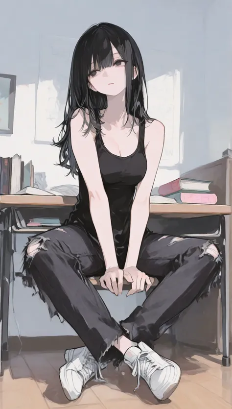score_9, score_8_top, score_7_top, one young girl, 18 years old, full body, alone, sitting cross-legged on the floor, long hair, black hair with light pattern, smooth hair, black eyes, beautiful eyes, black tank top, open white shirt, long black ripped jea...