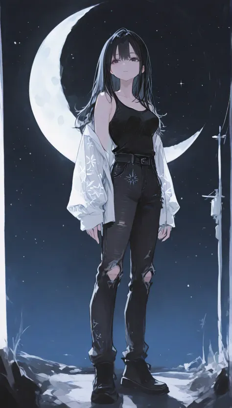 score_9, score_8_top, score_7_top, one young girl, 18 years old, full body, alone, standing gaze at moon, long hair, black hair with light pattern, smooth hair, black eyes, beautiful eyes, black tank top, open white shirt, long black ripped jeans, [beautif...