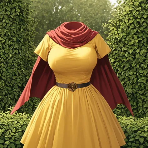 cape, dress, gloves, pantyhose, yellow dress, scarf, short sleeves, in garden, cute pose, (invisible:1.5, no humans:1.5, headless:1.5, faceless:1.5), cute big huge breasts, detailed cloth texture, extremely details, close-up to breasts, (Best-quality, Mast...