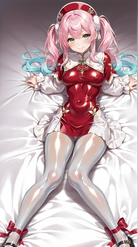 Hyacine、  green eyes、red hat、pigtails、pink hair with turquoise highlights、side lock、bungs、(White Skirt:1.5)、  (red dress:1.5)、  (Shiny White Latex Pantyhose:1.5)、  Ankle ribbon、black shoes、white fluffy sleeve、  (shiny skin:1.5)、  (Shiny skin:1.5)、  Smile Y...