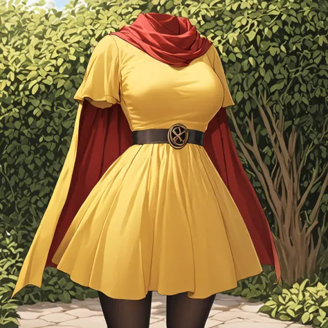 cape, dress, gloves, pantyhose, yellow dress, scarf, short sleeves, in garden, cute pose, (invisible:1.5, no humans:1.5, headless:1.5, faceless:1.5), cute big huge breasts, detailed cloth texture, extremely details, close-up to breasts, (Best-quality, Mast...