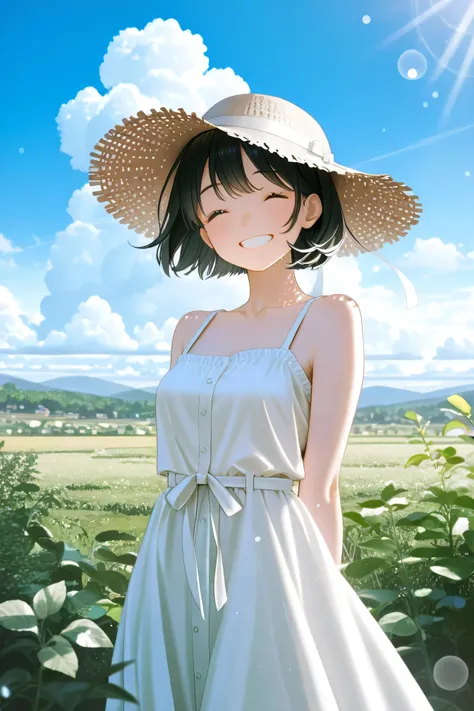 beautiful woman、Early summer scenery、wearing a straw hat、Smiling face、black hair short hair、standing in natural light、soft atmosphere、 plants swaying in the wind、Relaxed rural landscape、blue sky and white clouds、High Quality、4K resolution、vibrant colors、bo...