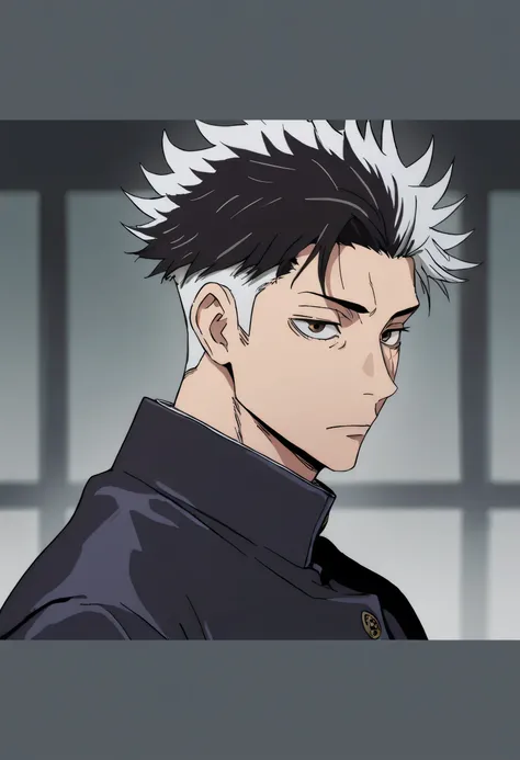 High resolution,  masterpiece,  Precise,  the best quality , very aesthetic, 1 boy, Alone, Jujutsu Kaizen academy uniform, Jujutsu kaizen style art, Jujutsu Kaizen academy background, black hair with large pieces of white hair, brown eyes, sullen expressio...