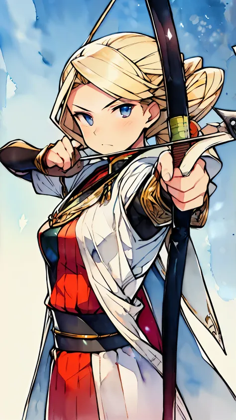 pose(drawing bow:1.2), Watercolor painting, fantasy novel illustration, lighting arrow, archer, big hair, mature lady, blonde