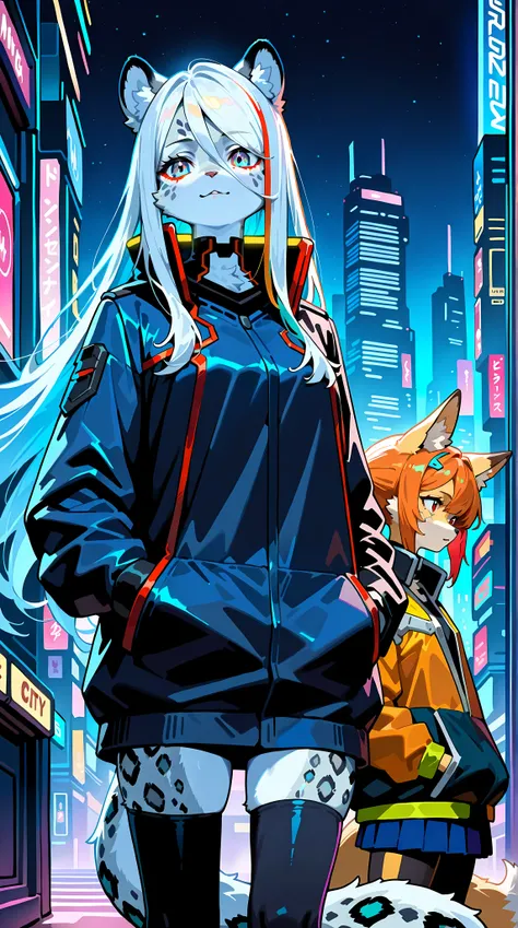 2 girls. First girl: 21 years old , mammal snow leopard , furry, flowing long white hair with blue highlights, normal proportions , aesthetic , Cyberpunk style full clothing, very finely detailed. Second Girl: 21 years old , mammal fox, furry, short orange...