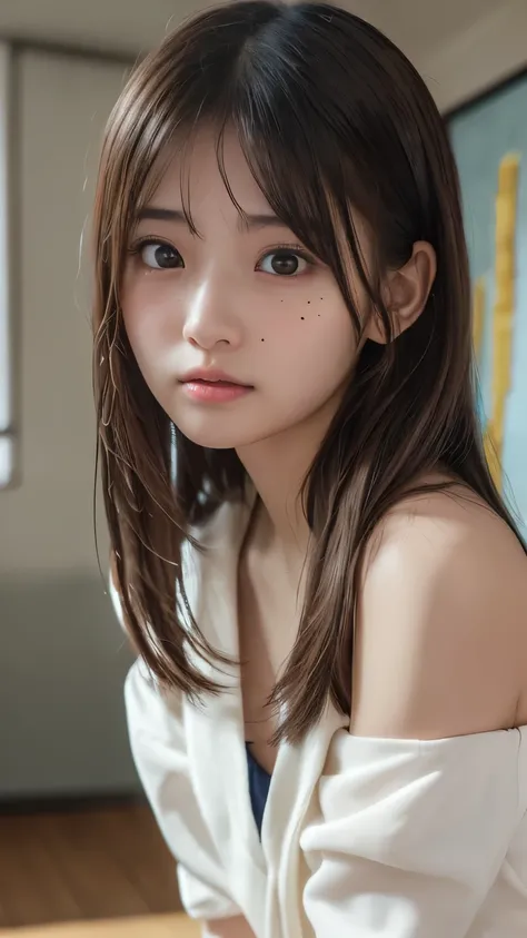 NSFW, (topless:1.7(, full nude, naked, ( face close-up ),Masterpiece, Top Quality , 8k, Official Art, RAWphotograph, 非常に high definition, Beautiful Girls, Pretty Face , ( sitting ), is staring at me , close, , classroom, super real , hig...